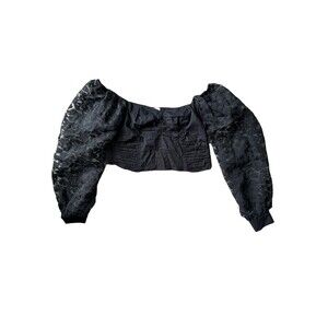 Zara Womens Medium Top Animal Leopard Print Organza Puff Vneck Sleeve Crop Black